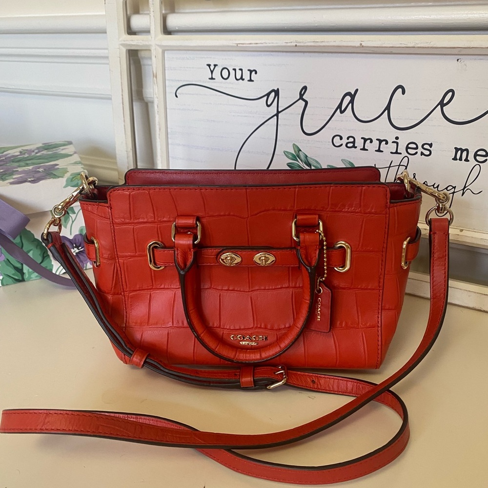 Coach Red Coral Croc-Embossed Leather Bag with Crossbody Strap